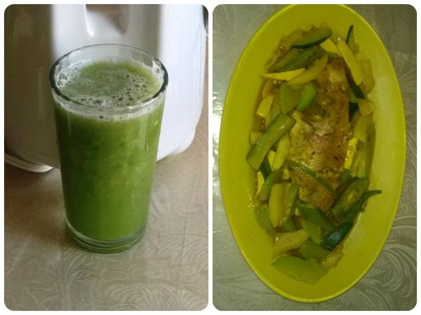 Dinner is served: Curry Fish and Vegetables. Cucumber Juice