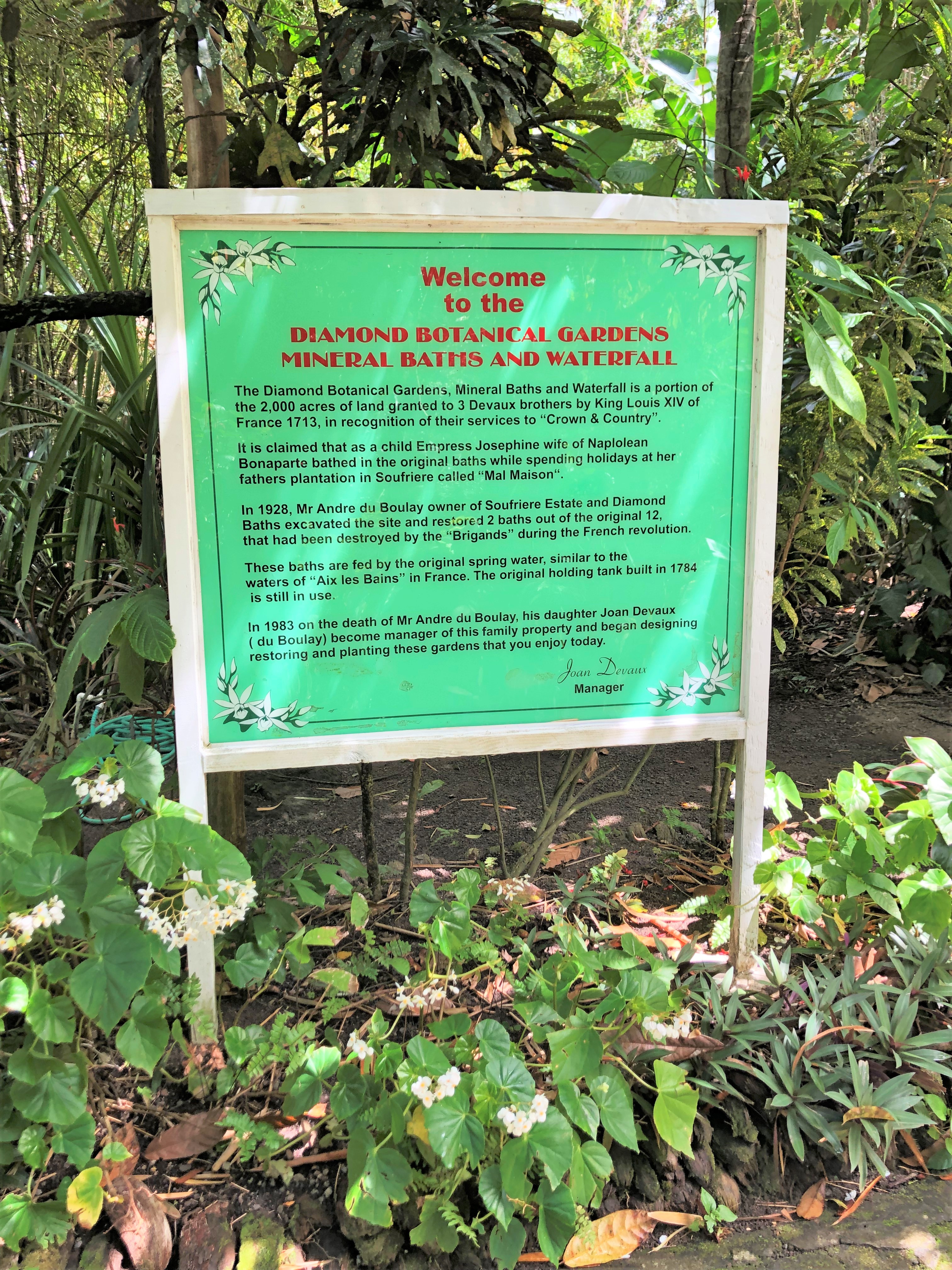 Welcome sign at the Diamond Botanical Gardens
