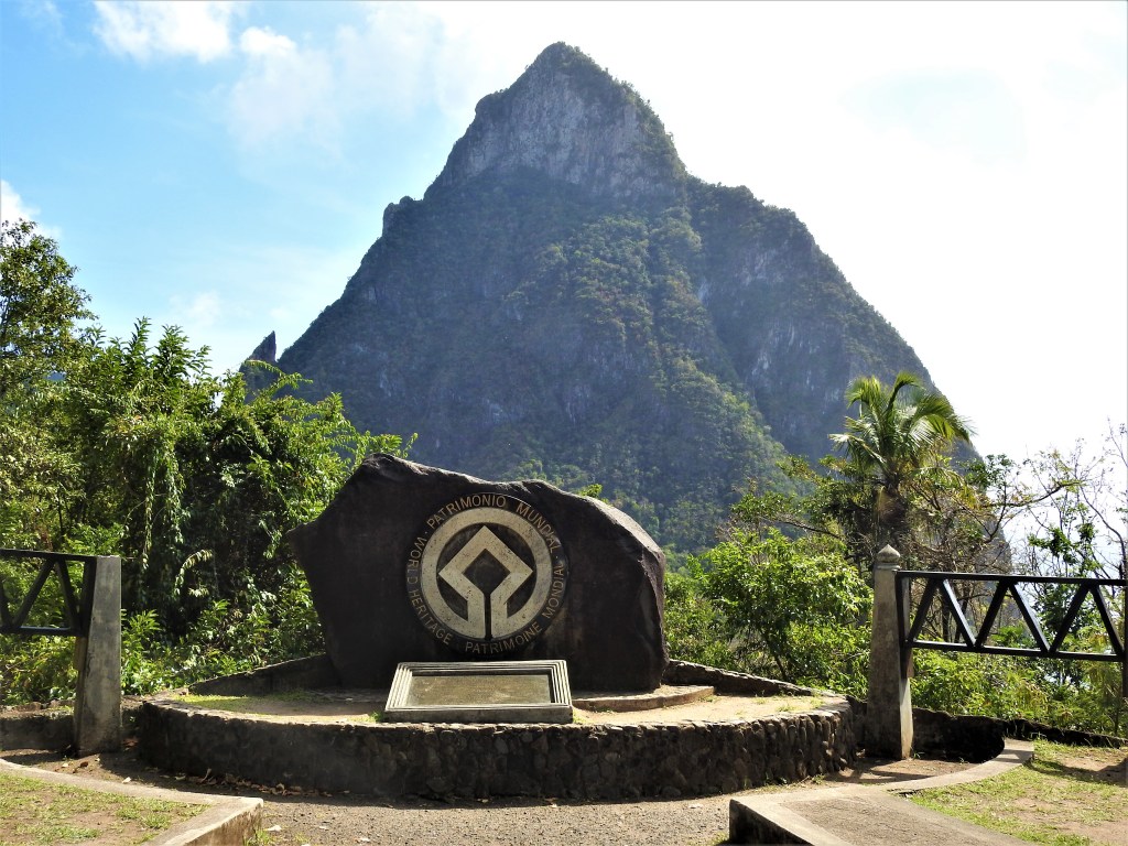 The World Heritage Site monument in Soufriere, St. Lucia showing one of the pitons in the background.