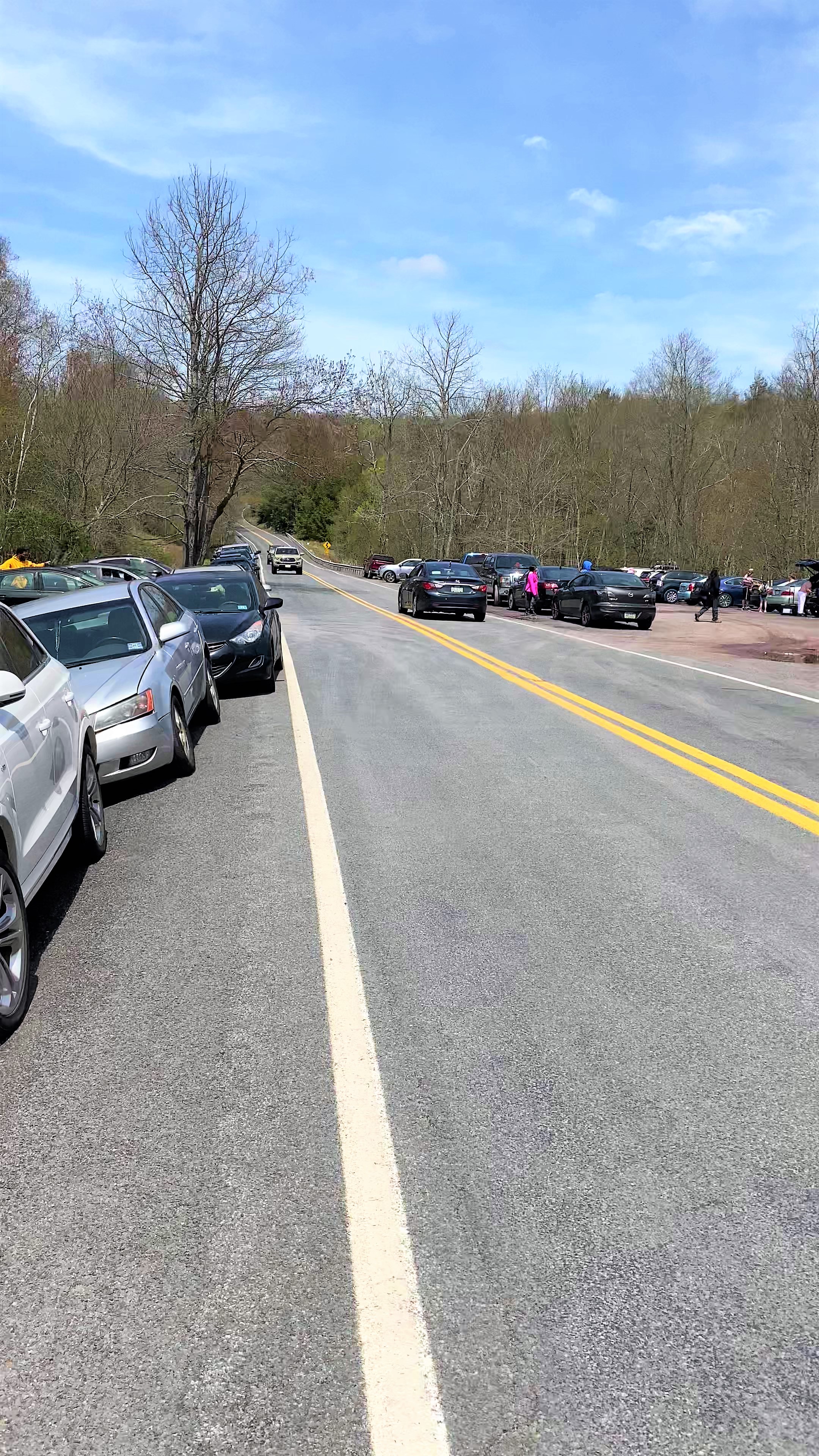 Hawk Falls visitors parked on the side of the road and section of parking lot.